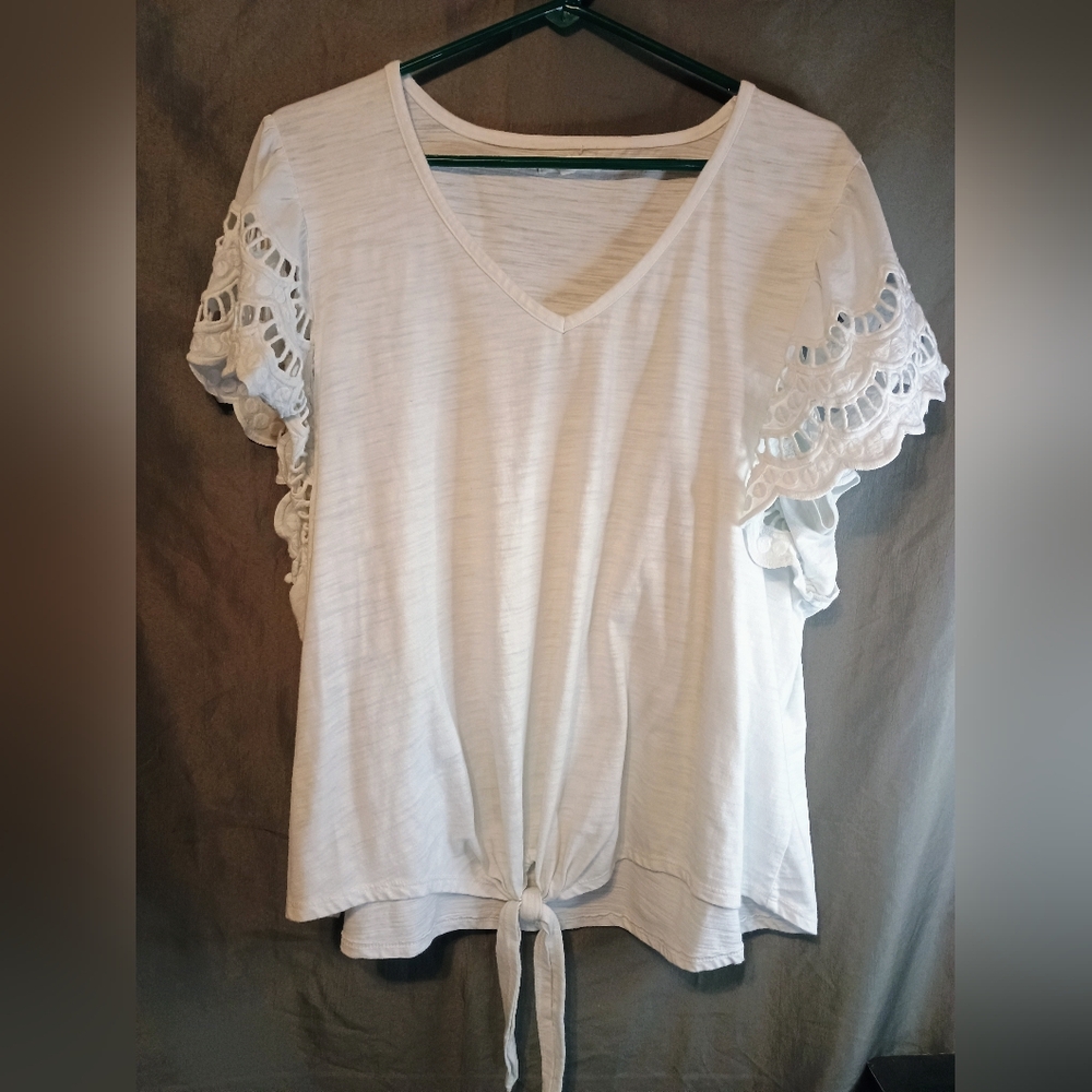 Maurice White Crocheted Short Sleeve Plus Size Tie Front Women's Top